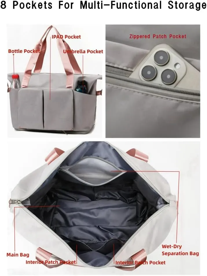 8 Pockets Travel Bag Wet-Dry Separated Gym Bag Foldable Yoga Fitness Bag Large Weekender Duffel Bag for Men Women