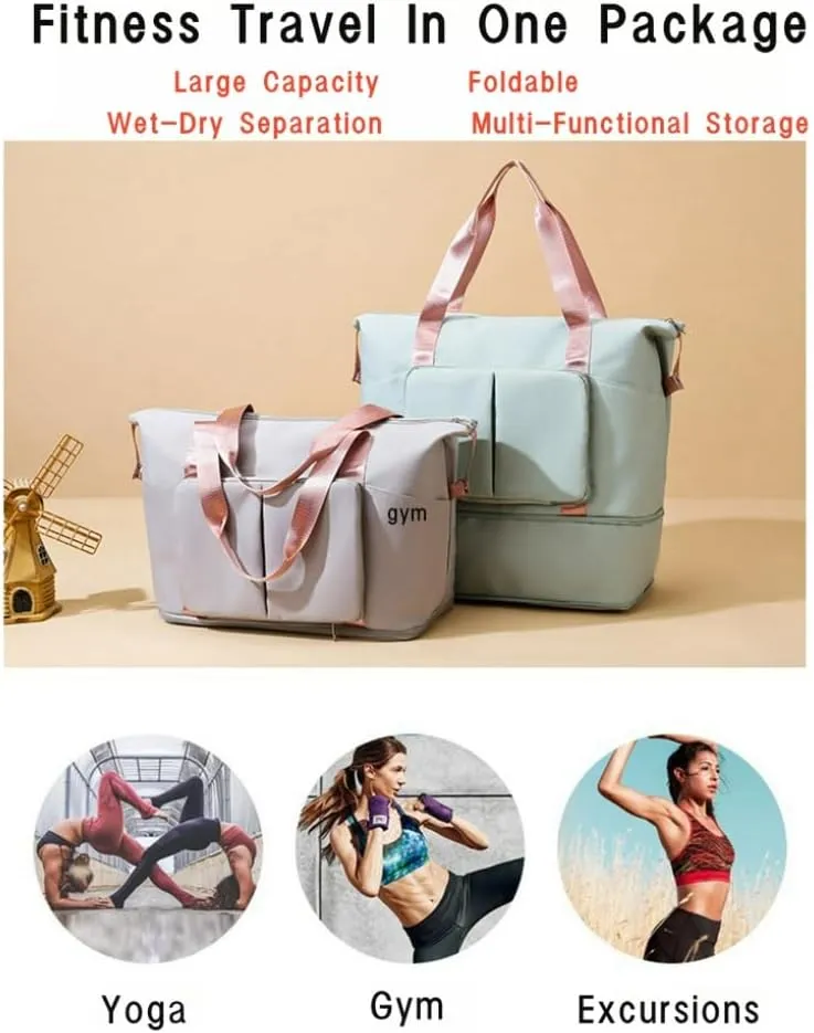 8 Pockets Travel Bag Wet-Dry Separated Gym Bag Foldable Yoga Fitness Bag Large Weekender Duffel Bag for Men Women