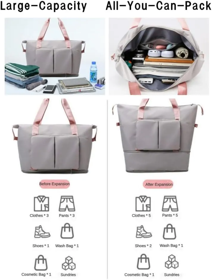 8 Pockets Travel Bag Wet-Dry Separated Gym Bag Foldable Yoga Fitness Bag Large Weekender Duffel Bag for Men Women