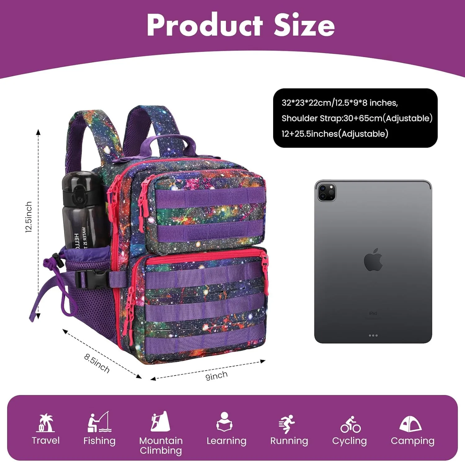 9L Mini Tactical Backpack for Men Women,Small Military Tactical Backpack for Sport,Gym,Hiking,Travel,Camping(Galaxy Purple)