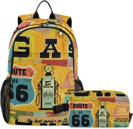Aflyko Kid Backpack with Lunch Box Set for Boys Girls Route 66 Retro Back to School Bookbag Primary Daycare Daypack Laptop Pack Hiking Camping Travel