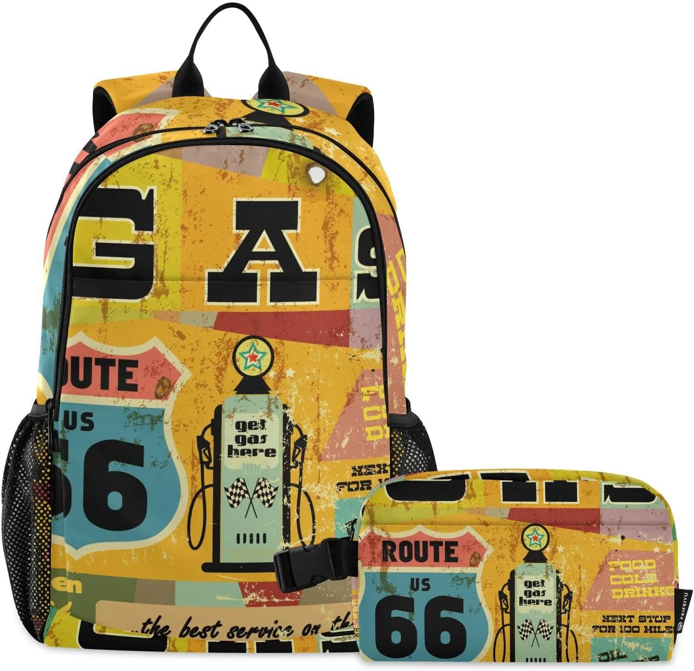 Aflyko Kid Backpack with Lunch Box Set for Boys Girls Route 66 Retro Back to School Bookbag Primary Daycare Daypack Laptop Pack Hiking Camping Travel