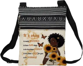 African American Messenger Bag Small Ethnic Pattern Adjustable Strap Crossbody Zipper Pouch Sunflower Inspiring Phone Organizer It's Okay To Be Yourself Shoulder Handbag for Black Women