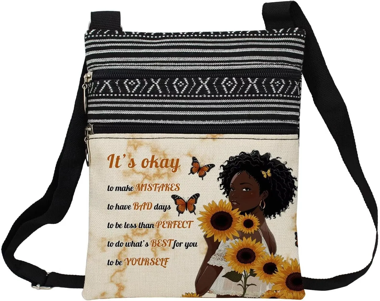 African American Messenger Bag Small Ethnic Pattern Adjustable Strap Crossbody Zipper Pouch Sunflower Inspiring Phone Organizer It's Okay To Be Yourself Shoulder Handbag for Black Women
