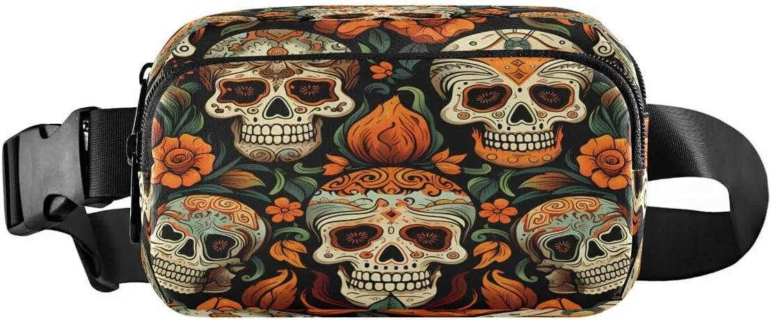 ALAZA Sugar Skull Leaves Flower Waist Packs Spot Belt Bag Crossbody Bag Fanny Pack Pouch for Men Women Hiking Running Cycling Traveling