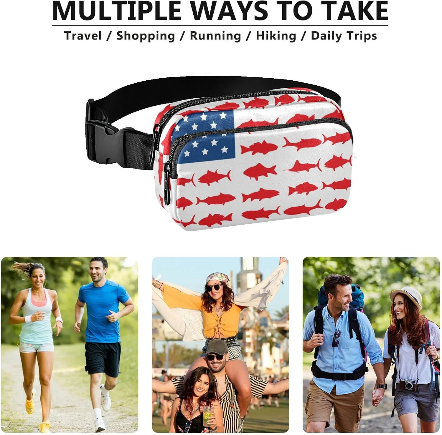 American Fish Flag Fanny Pack for Men Women,Crossbody Waist Bag Pack with Adjustable Strap Mini Belt Bag for Running Cycling