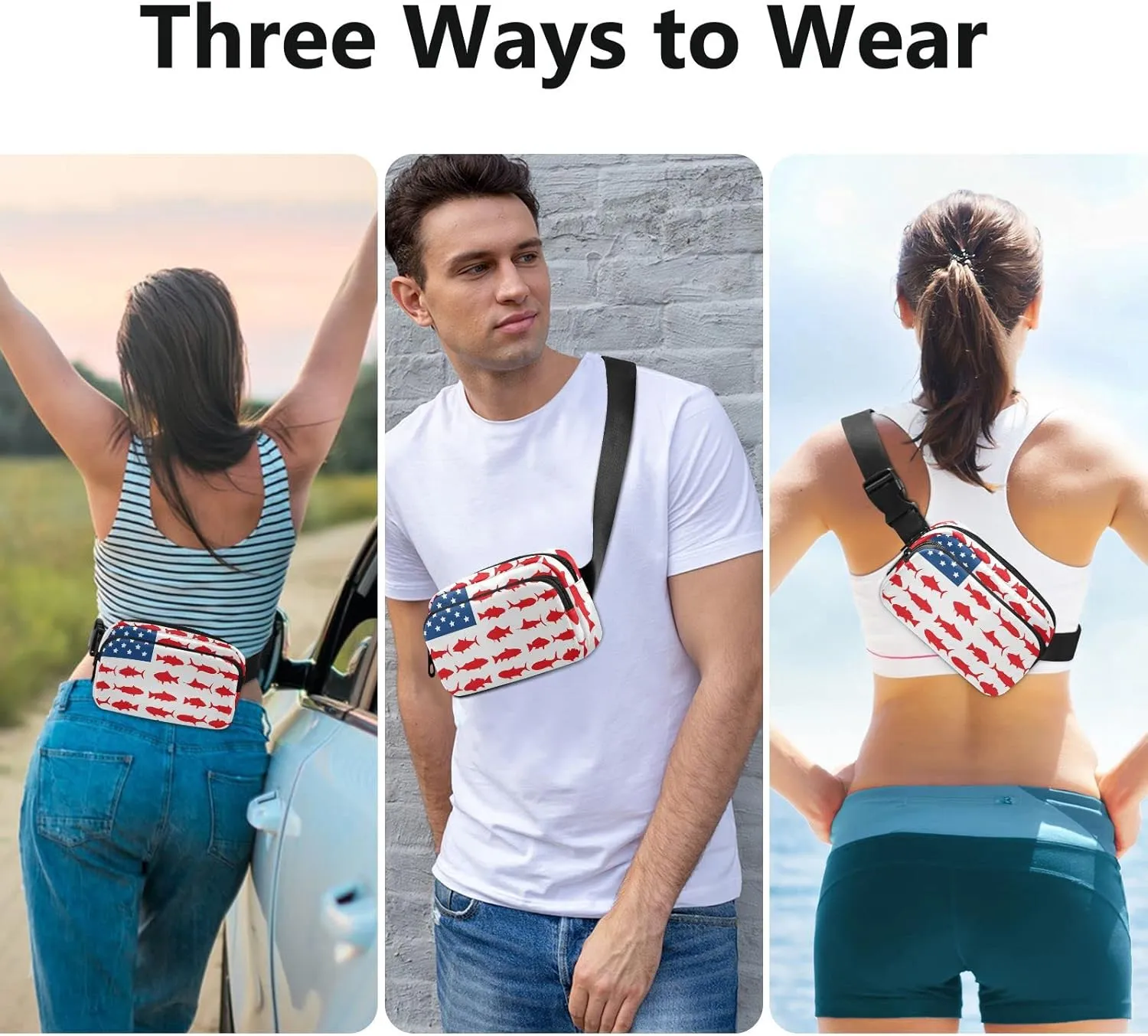 American Fish Flag Fanny Pack for Men Women,Crossbody Waist Bag Pack with Adjustable Strap Mini Belt Bag for Running Cycling