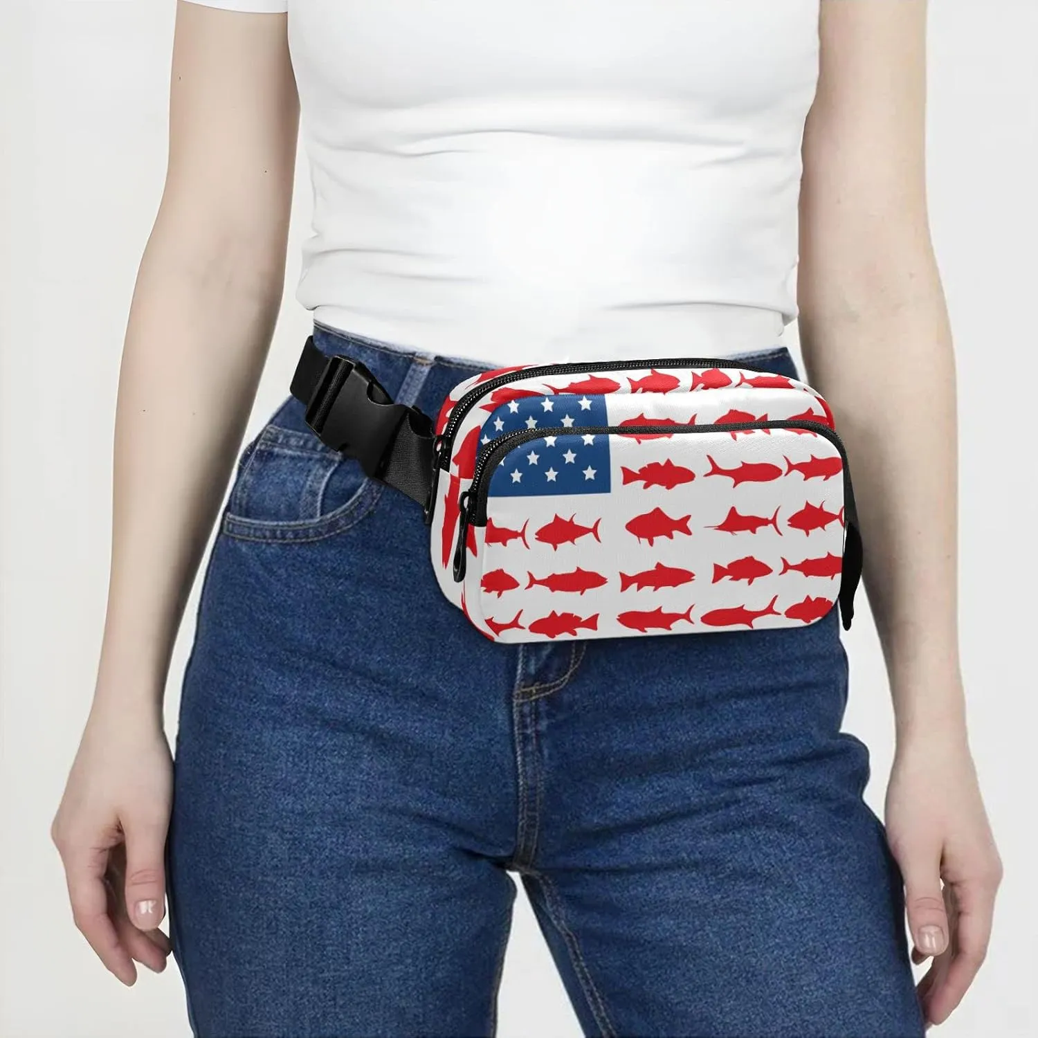 American Fish Flag Fanny Pack for Men Women,Crossbody Waist Bag Pack with Adjustable Strap Mini Belt Bag for Running Cycling