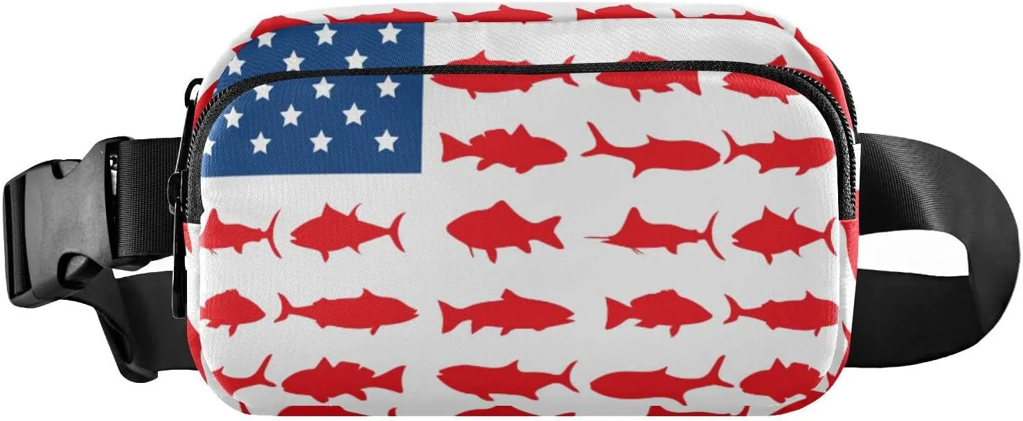 American Fish Flag Fanny Pack for Men Women,Crossbody Waist Bag Pack with Adjustable Strap Mini Belt Bag for Running Cycling