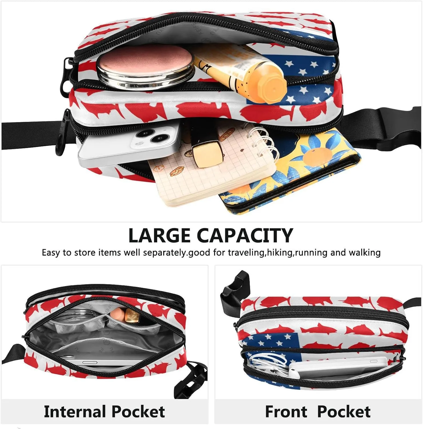 American Fish Flag Fanny Pack for Men Women,Crossbody Waist Bag Pack with Adjustable Strap Mini Belt Bag for Running Cycling