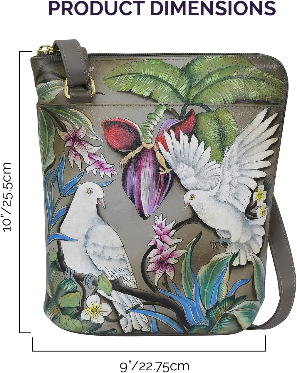 Anuschka Original Leather Hand-Painted Organizer Crossbody with Extended Side Zipper and Adjustable Strap