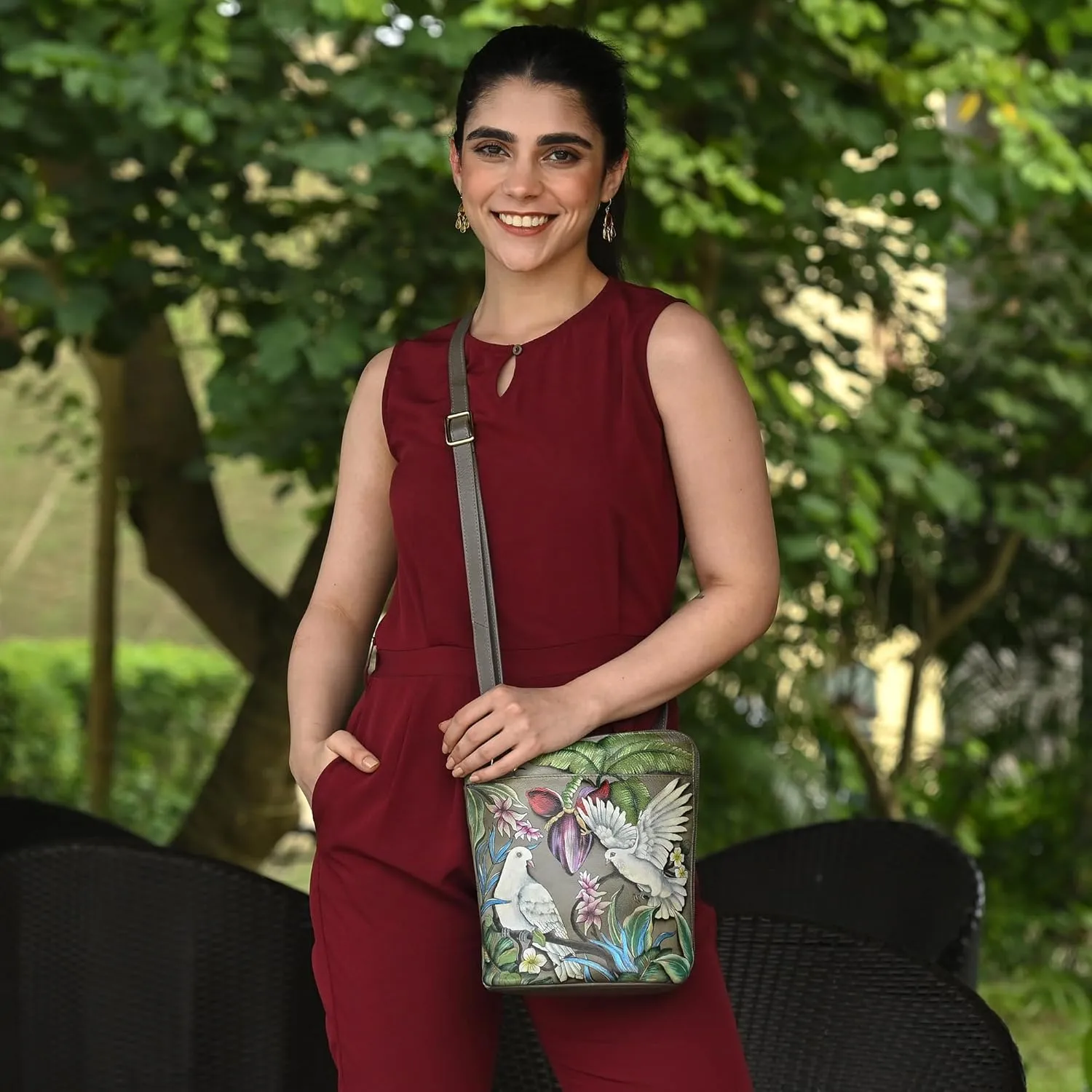 Anuschka Original Leather Hand-Painted Organizer Crossbody with Extended Side Zipper and Adjustable Strap