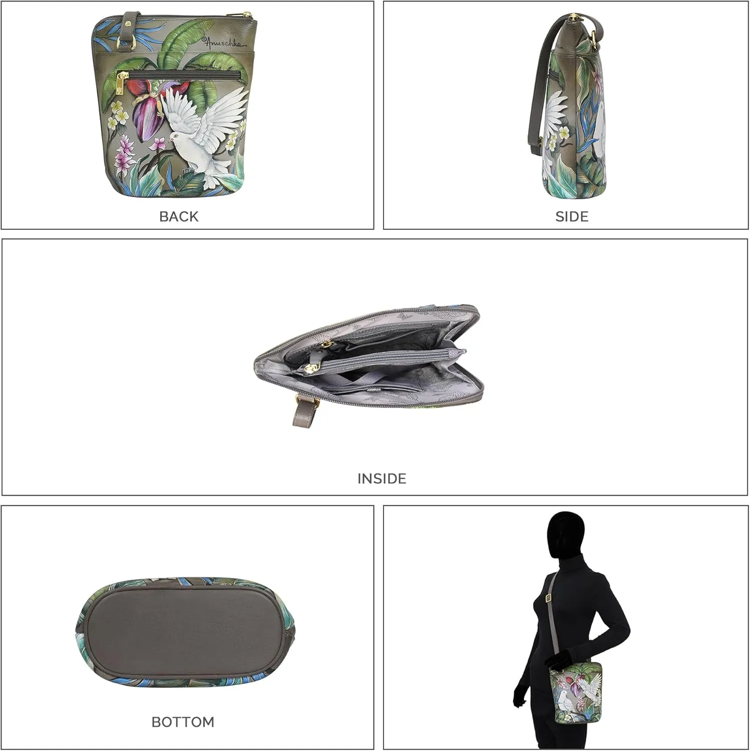 Anuschka Original Leather Hand-Painted Organizer Crossbody with Extended Side Zipper and Adjustable Strap