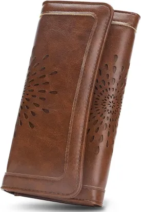 APHISON Womens Wallets RFID Blocking Leather Clutch Long Wallet for Women Card Holder Phone Organizer Ladies Travel Purse Hollow Out Sunflower Design Gift