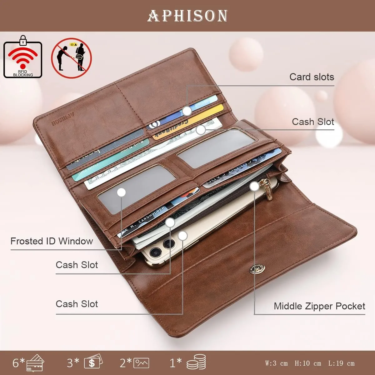 APHISON Womens Wallets RFID Blocking Leather Clutch Long Wallet for Women Card Holder Phone Organizer Ladies Travel Purse Hollow Out Sunflower Design Gift