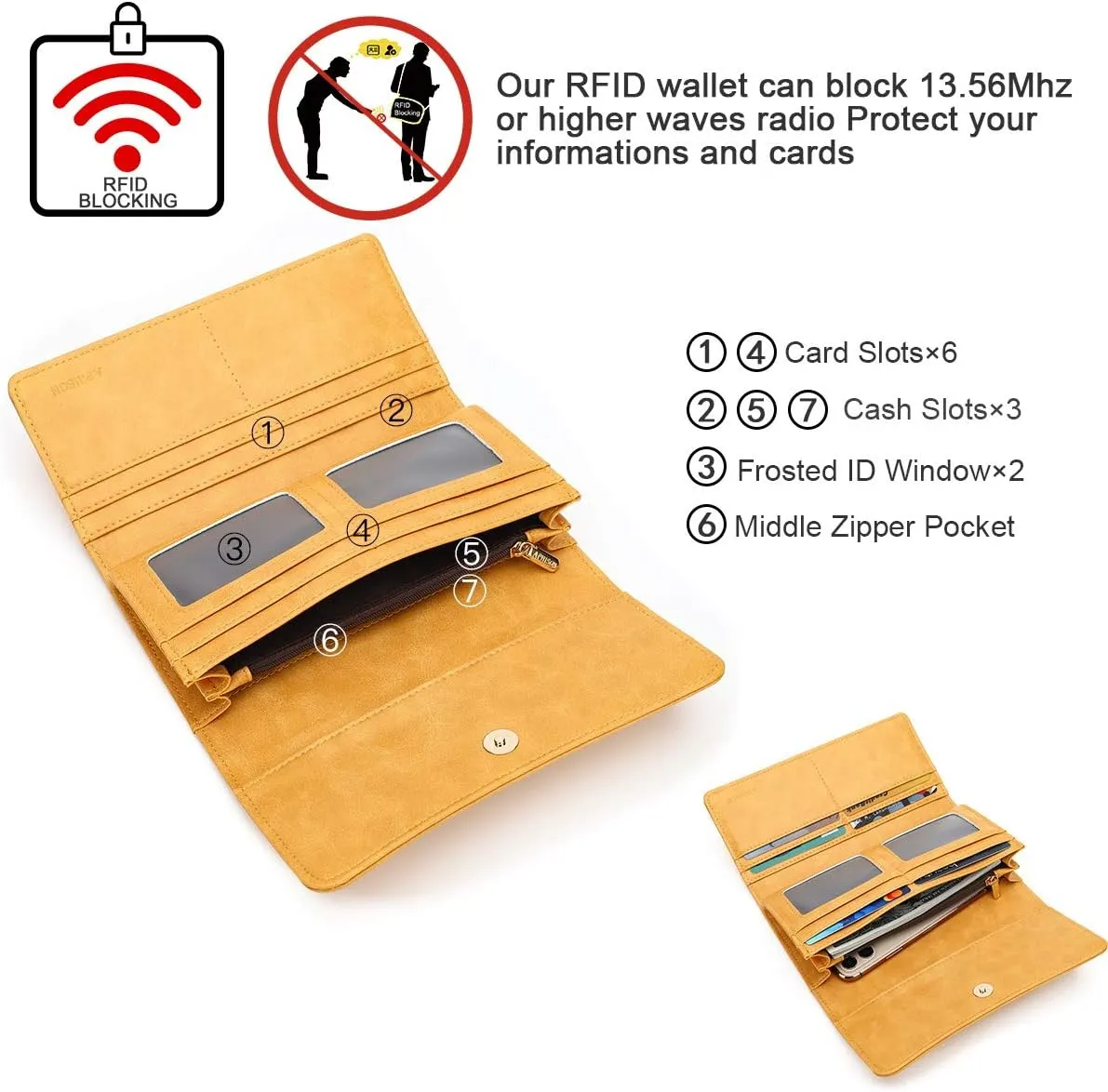APHISON Womens Wallets RFID Blocking Leather Clutch Long Wallet for Women Card Holder Phone Organizer Ladies Travel Purse Hollow Out Sunflower Design Gift