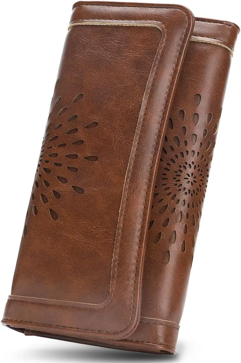 APHISON Womens Wallets RFID Blocking Leather Clutch Long Wallet for Women Card Holder Phone Organizer Ladies Travel Purse Hollow Out Sunflower Design Gift