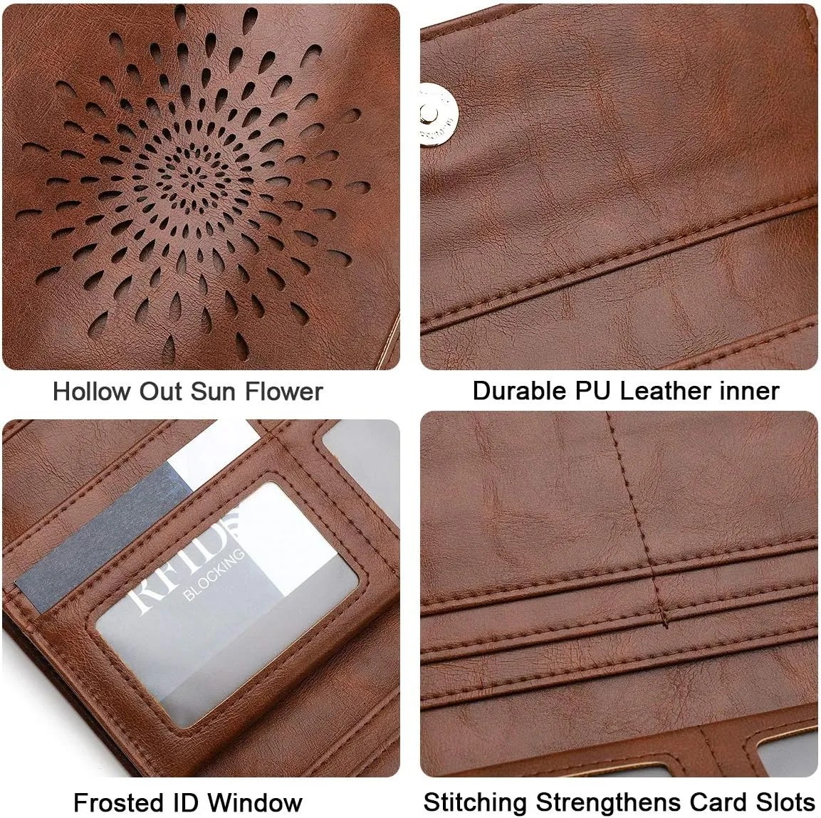 APHISON Womens Wallets RFID Blocking Leather Clutch Long Wallet for Women Card Holder Phone Organizer Ladies Travel Purse Hollow Out Sunflower Design Gift