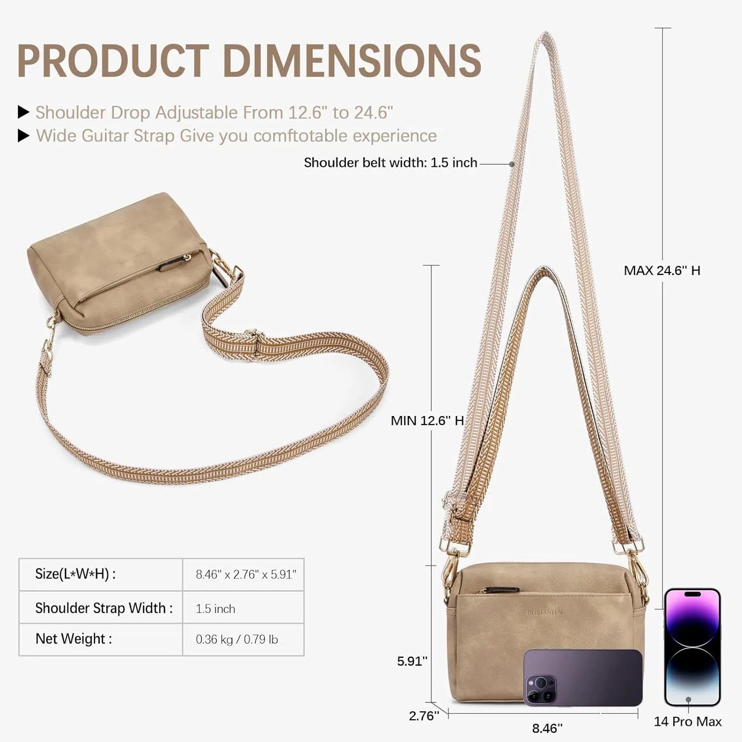 BOSTANTEN Small Crossbody Purse for Women Triple Zip Cell Phone Leather Handbag with Colored Shoulder Strap