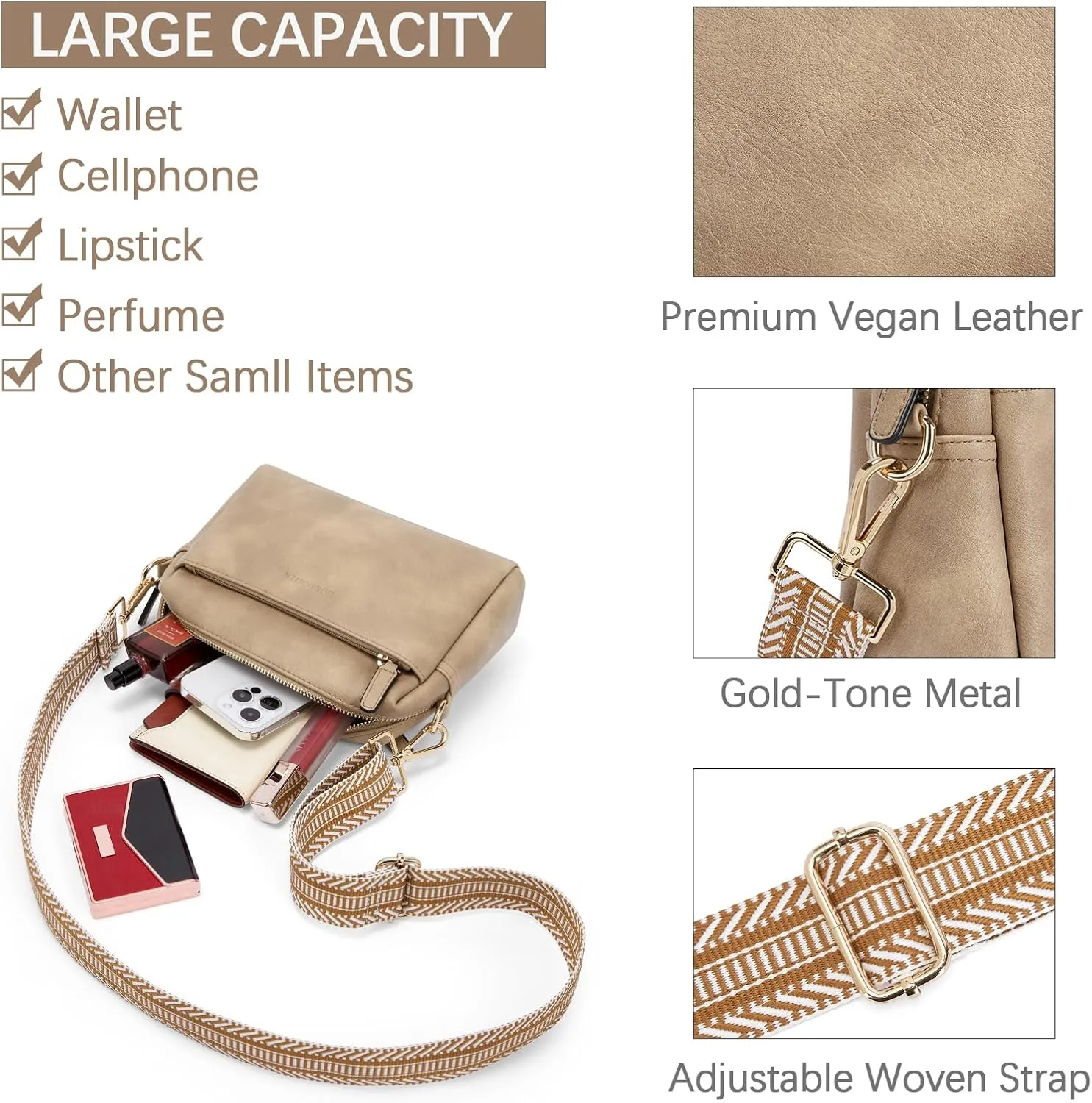 BOSTANTEN Small Crossbody Purse for Women Triple Zip Cell Phone Leather Handbag with Colored Shoulder Strap
