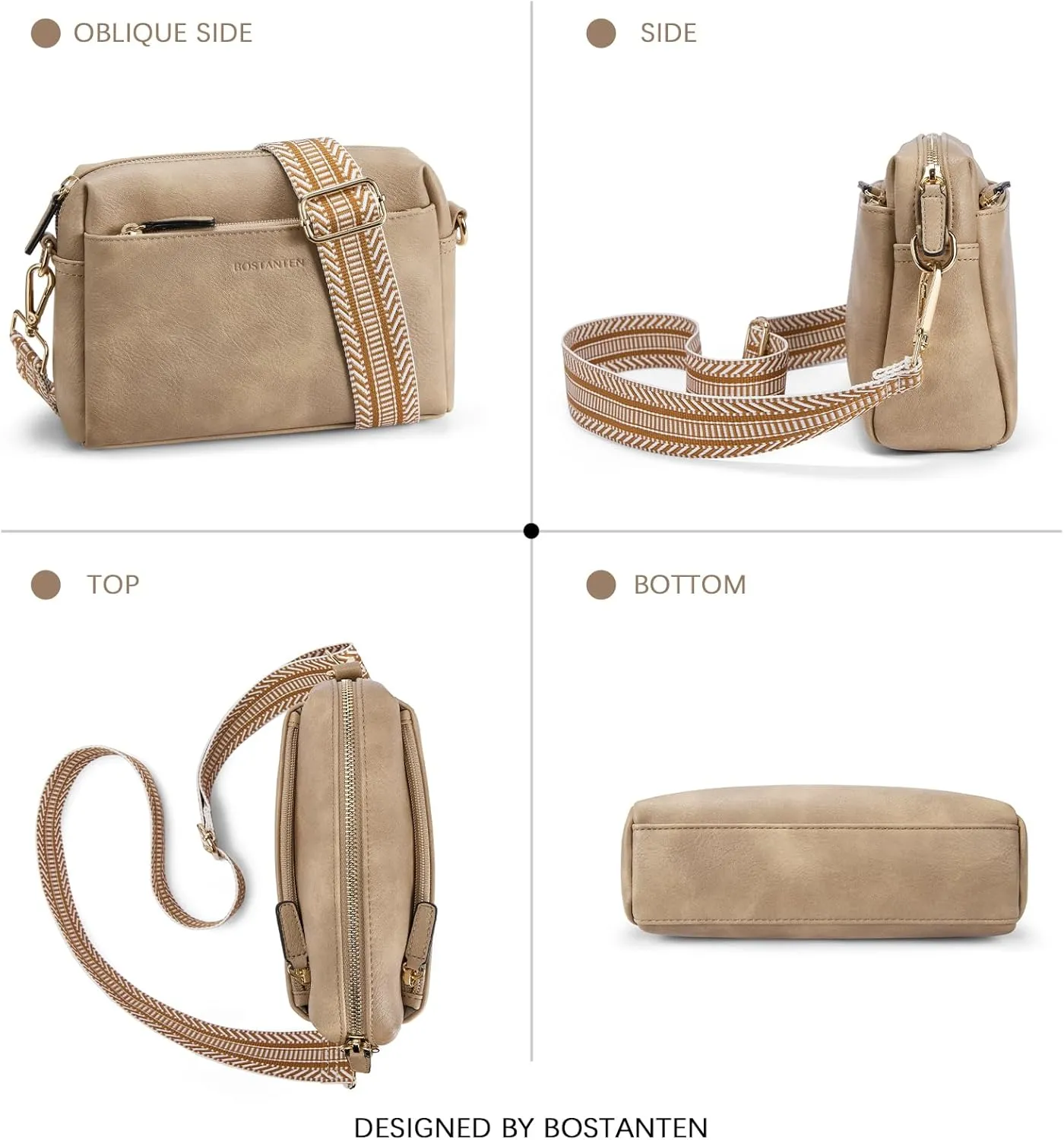 BOSTANTEN Small Crossbody Purse for Women Triple Zip Cell Phone Leather Handbag with Colored Shoulder Strap