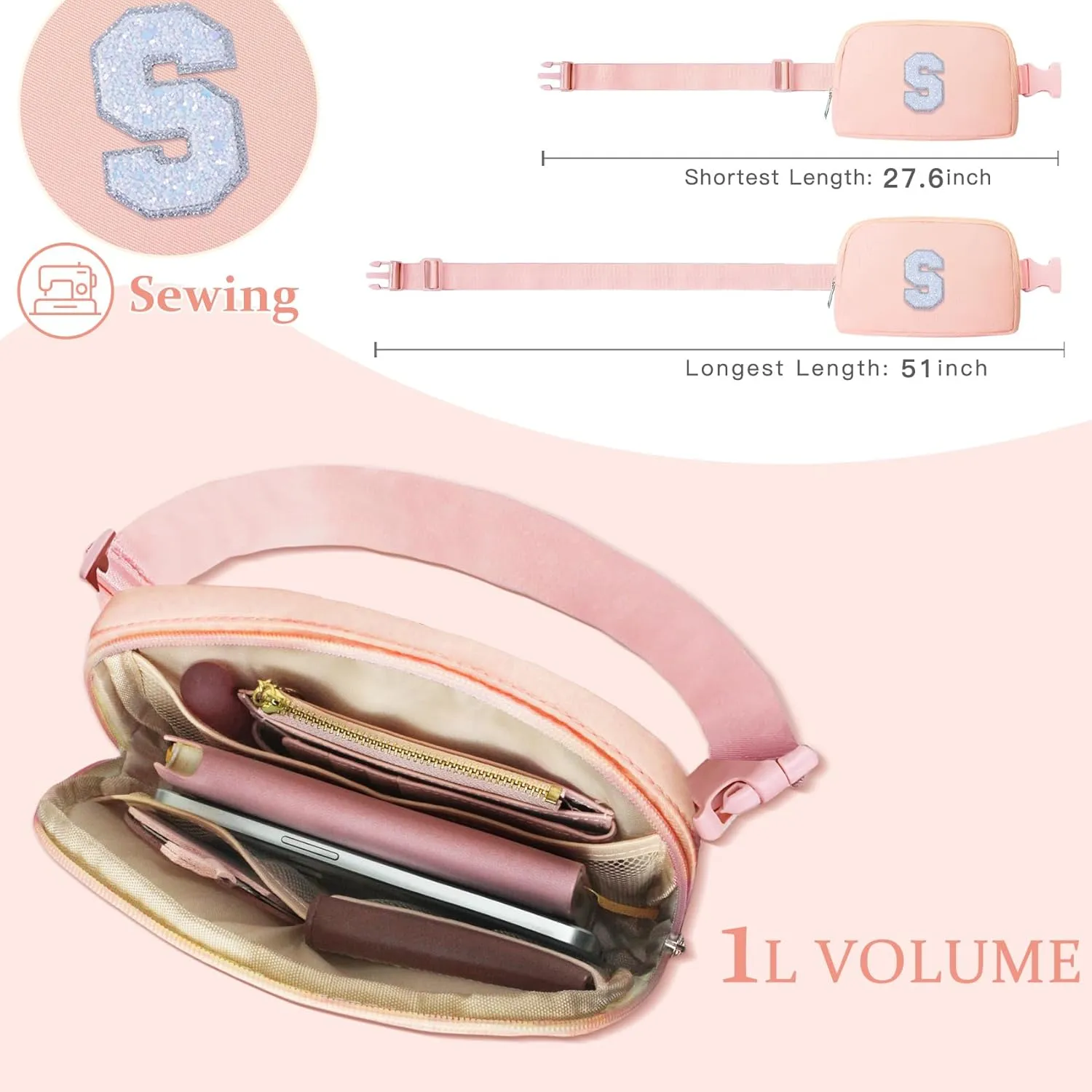 COSHAYSOO Initial Belt Bag Small Waist Fanny Pack Letter Crossbody Purse Birthday Easter Gift for Teen Girl 5 6 7 8 9 10 11 12 Year Old Cute Trendy Preppy Items Things Travel Stuff Pink S