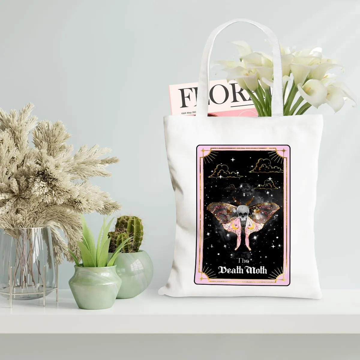 Decohim Funny Skull Tarot Card Sarcastic Canvas Tote Bag Grocery Bags Witchy Gifts for Women Halloween Birthday Christmas