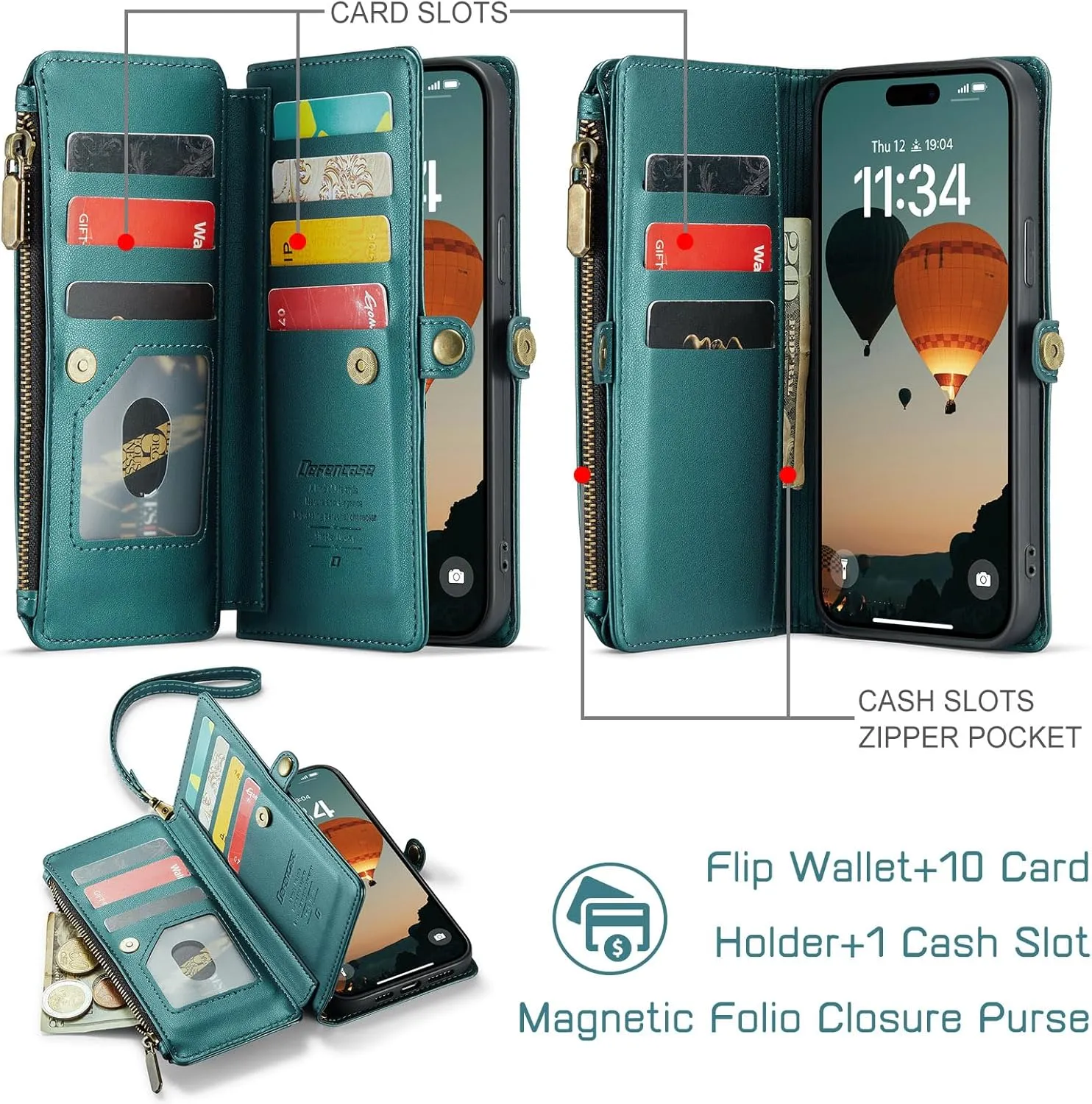 Defencase Compatible with iPhone 14 Pro Max Case Wallet with RFID Blocking Card Holder for Women Men, PU Leather Magnetic Snap Flip Zipper Strap Wallet Phone Case Fit for iPhone 14 Pro Max, Blue Green