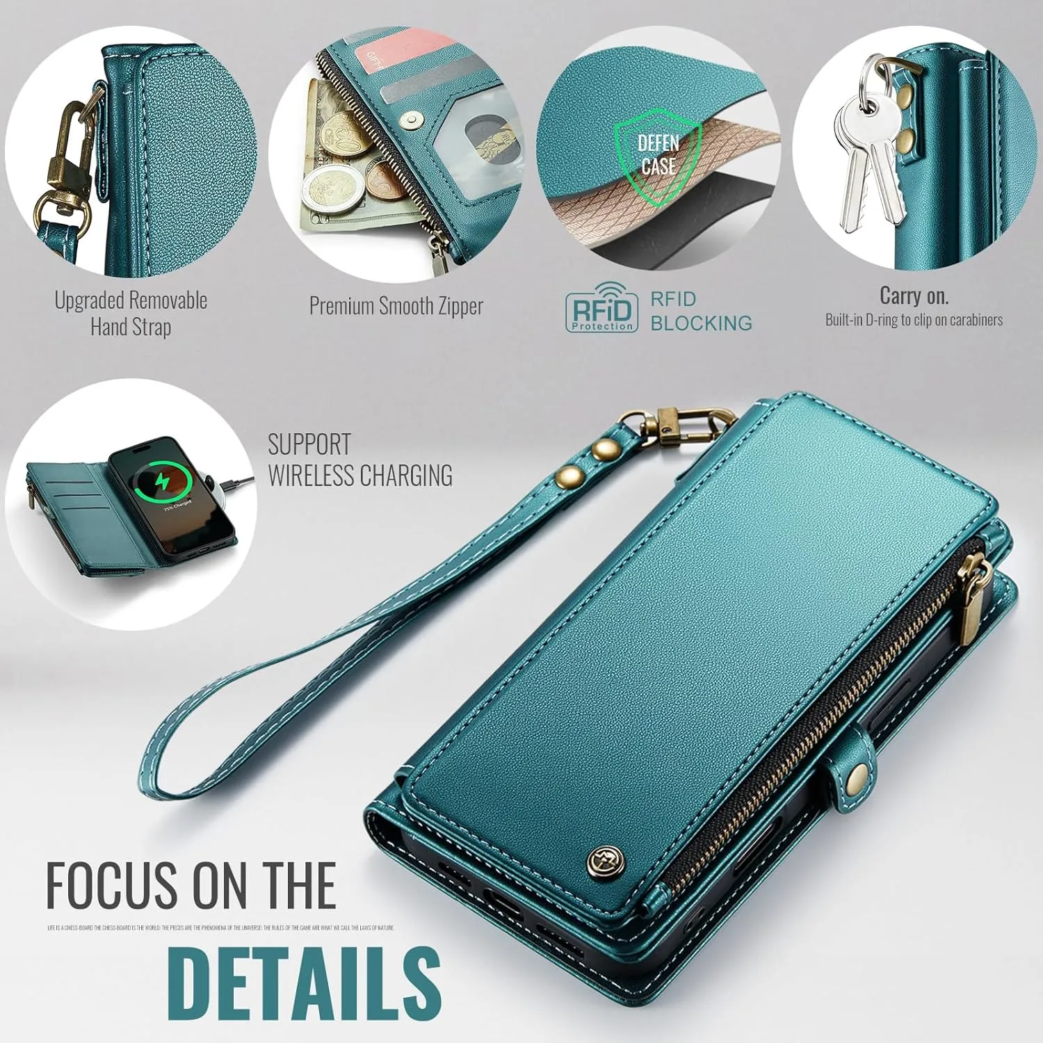 Defencase Compatible with iPhone 14 Pro Max Case Wallet with RFID Blocking Card Holder for Women Men, PU Leather Magnetic Snap Flip Zipper Strap Wallet Phone Case Fit for iPhone 14 Pro Max, Blue Green