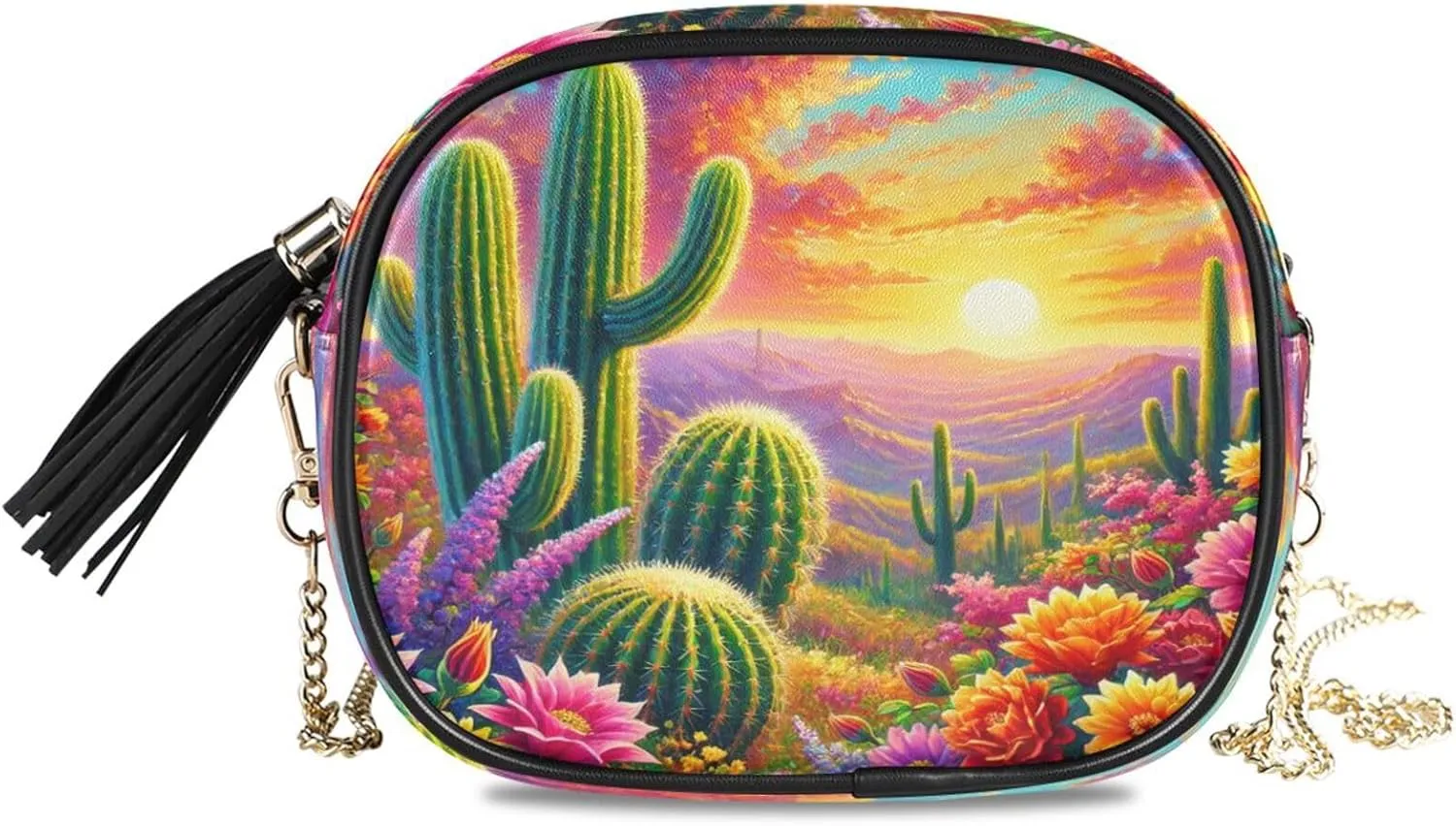 Desert Cactus Sunset Crossbody Bags for Women Small Purses Leather Crossbody Bag Handbags Purse with Detachable Chain Clutch Purses Cell Phone Purse Evening Bag