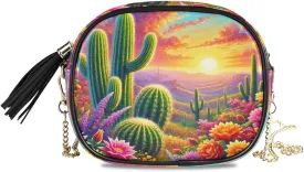 Desert Cactus Sunset Crossbody Bags for Women Small Purses Leather Crossbody Bag Handbags Purse with Detachable Chain Clutch Purses Cell Phone Purse Evening Bag