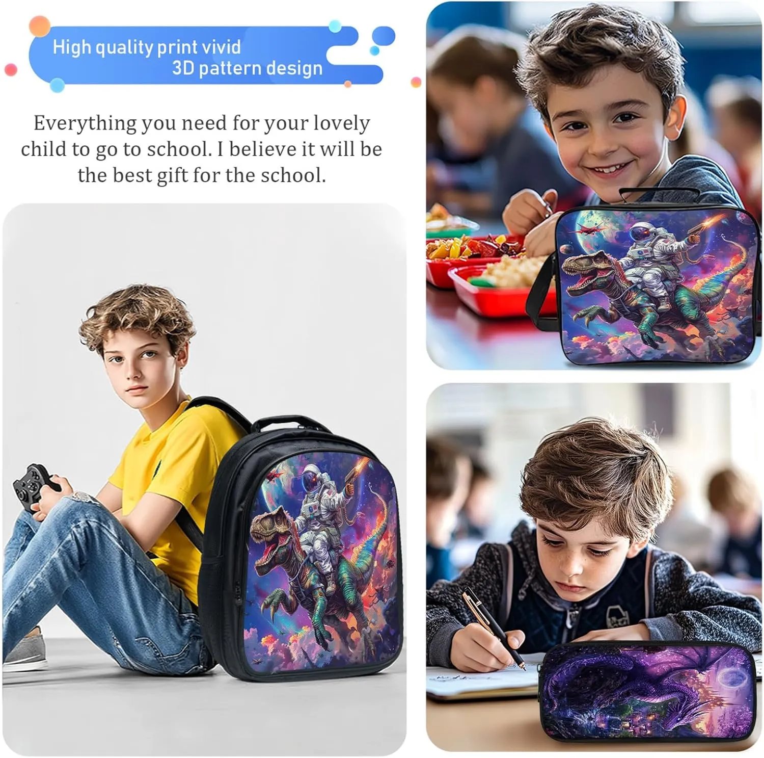 Dinosaur Backpack Set for Boys Girls 3PCS Cool Space Astronaut School Bag with Lunch Box Pencil Case Kids Backpacks Toddler Elementary Bookbag 16 Inch