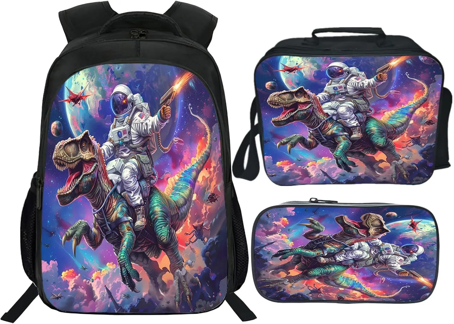 Dinosaur Backpack Set for Boys Girls 3PCS Cool Space Astronaut School Bag with Lunch Box Pencil Case Kids Backpacks Toddler Elementary Bookbag 16 Inch