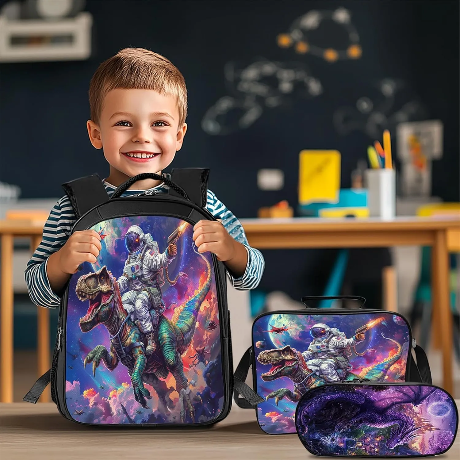 Dinosaur Backpack Set for Boys Girls 3PCS Cool Space Astronaut School Bag with Lunch Box Pencil Case Kids Backpacks Toddler Elementary Bookbag 16 Inch