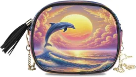 Dolphin Golden Sunset Yellow Crossbody Bags for Women Small Purses Crossbody Bag Leather Purse Handbags with Detachable Chain Evening Bag Cell Phone Purse Clutch Purses