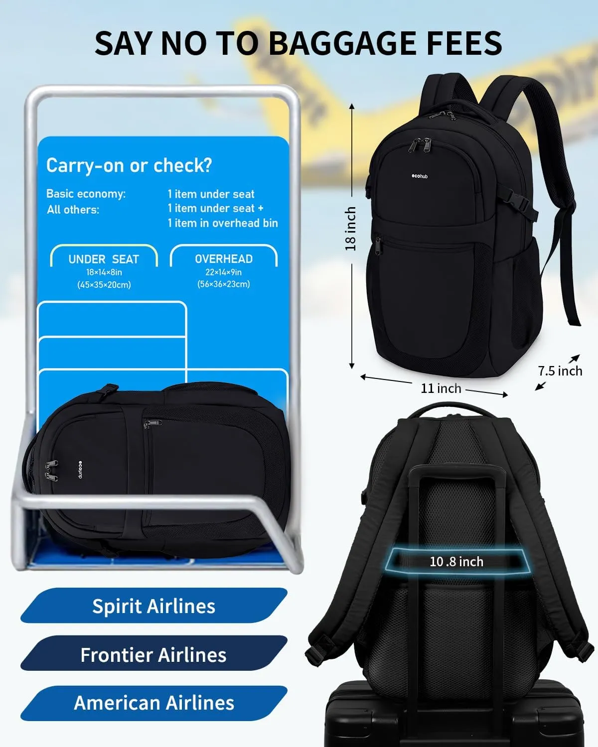 ECOHUB Travel Backpack for Men Women, 17.3 inch Suspended Laptop Backpack, Fashion Water-Resistant College Computer Bookbag, 28L Personal Item Bag with 12 Pockets for Causal, Work, Black