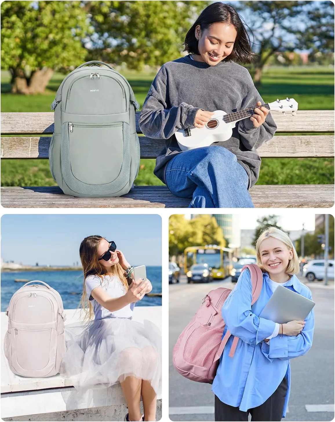 ECOHUB Travel Backpack for Women, 17.3 inch Suspended Laptop Backpack, Fashion Water-Resistant College Computer Bookbag, 28L Personal Item Bag with 12 Pockets for Causal, Work, Grey