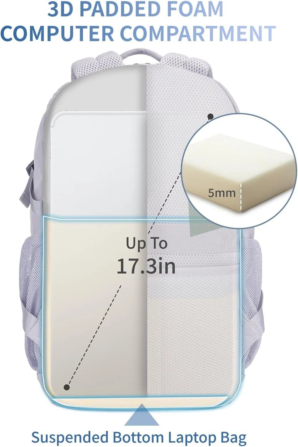 ECOHUB Travel Backpack for Women, 17.3 inch Suspended Laptop Backpack, Fashion Water-Resistant College Computer Bookbag, 28L Personal Item Bag with 12 Pockets for Causal, Work, Grey