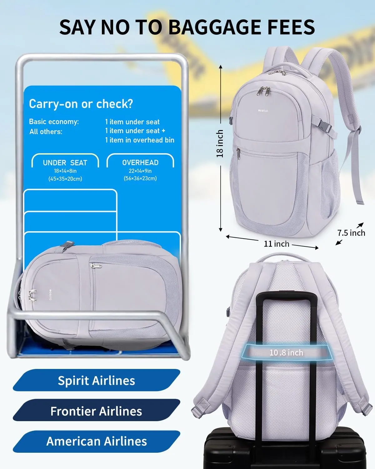 ECOHUB Travel Backpack for Women, 17.3 inch Suspended Laptop Backpack, Fashion Water-Resistant College Computer Bookbag, 28L Personal Item Bag with 12 Pockets for Causal, Work, Grey