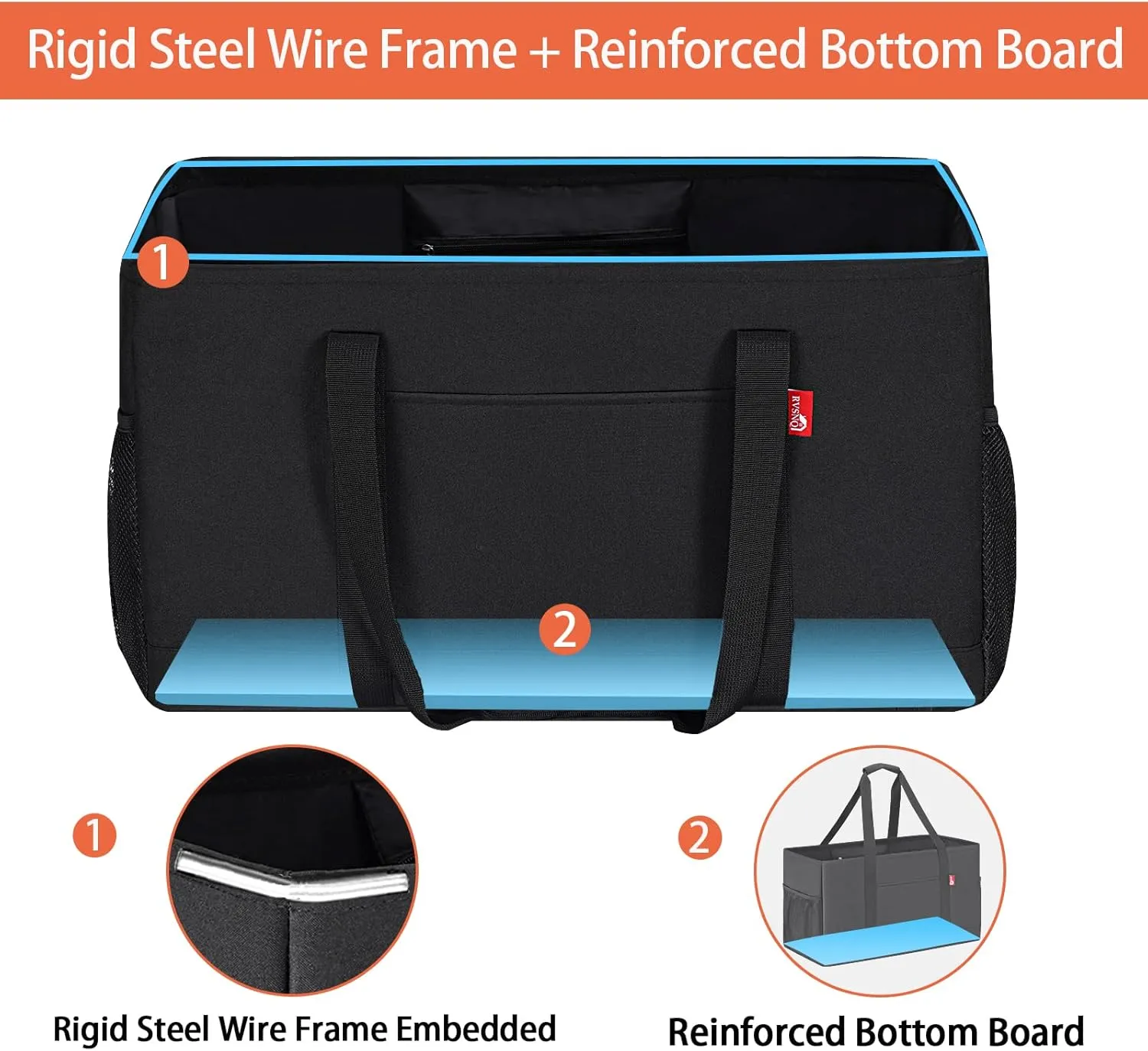 Extra Large Utility Tote Bag, Foldable Reusable Grocery Bags with Metal Wire Frame & Reinforced Bottom Board, Stand Up Large Utility Tote for Shopping, Beach Bag, Laundry, Car (Black)