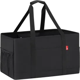 Extra Large Utility Tote Bag, Foldable Reusable Grocery Bags with Metal Wire Frame & Reinforced Bottom Board, Stand Up Large Utility Tote for Shopping, Beach Bag, Laundry, Car (Black)