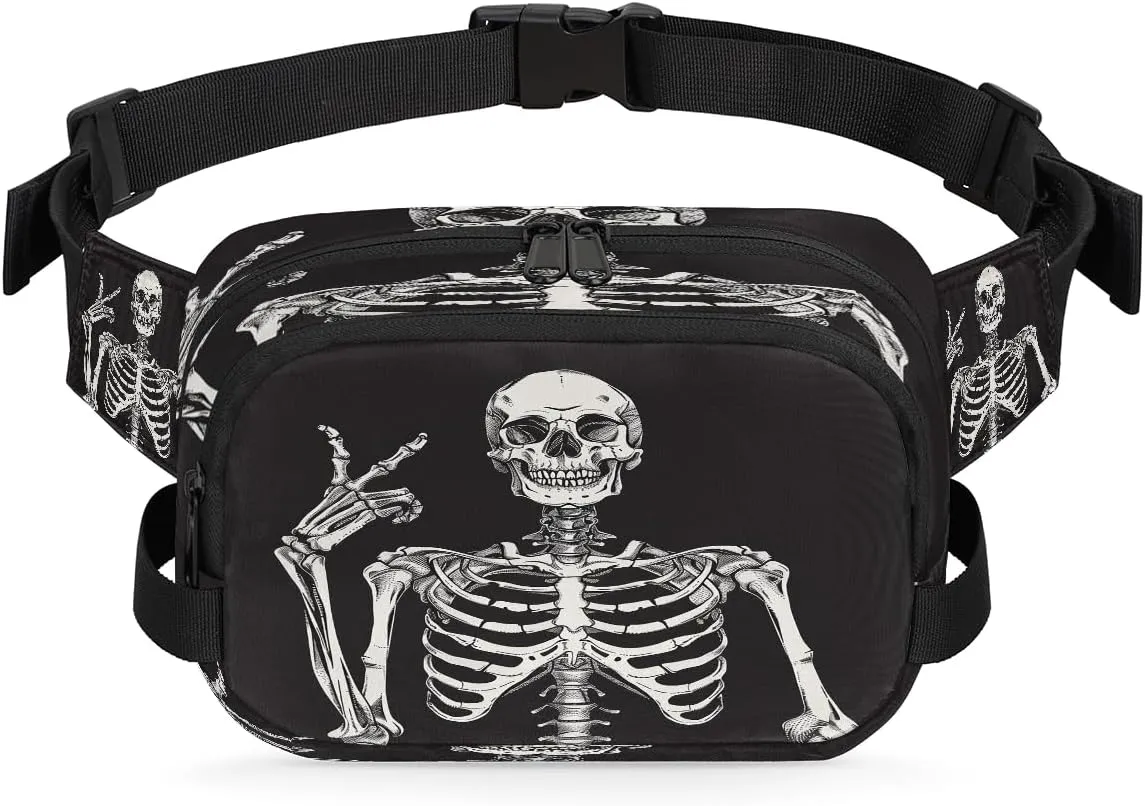 Fanny Pack Purse Skeleton Skull Gothic Crossbody Bag for Women Men, Sugar Waterproof Fanny Pack Belt Bag with Adjustable Strap for Travel Running Cycling