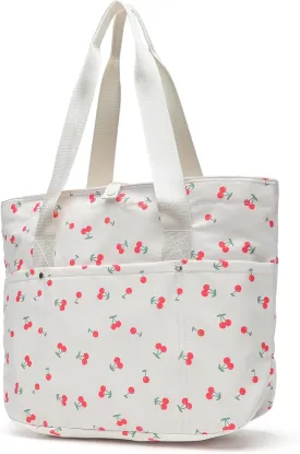 Foldable Floral Tote Bag for Women Nylon Travel Handbag with Zipper Cherry Print Purse Daily Commuter Bag for Work