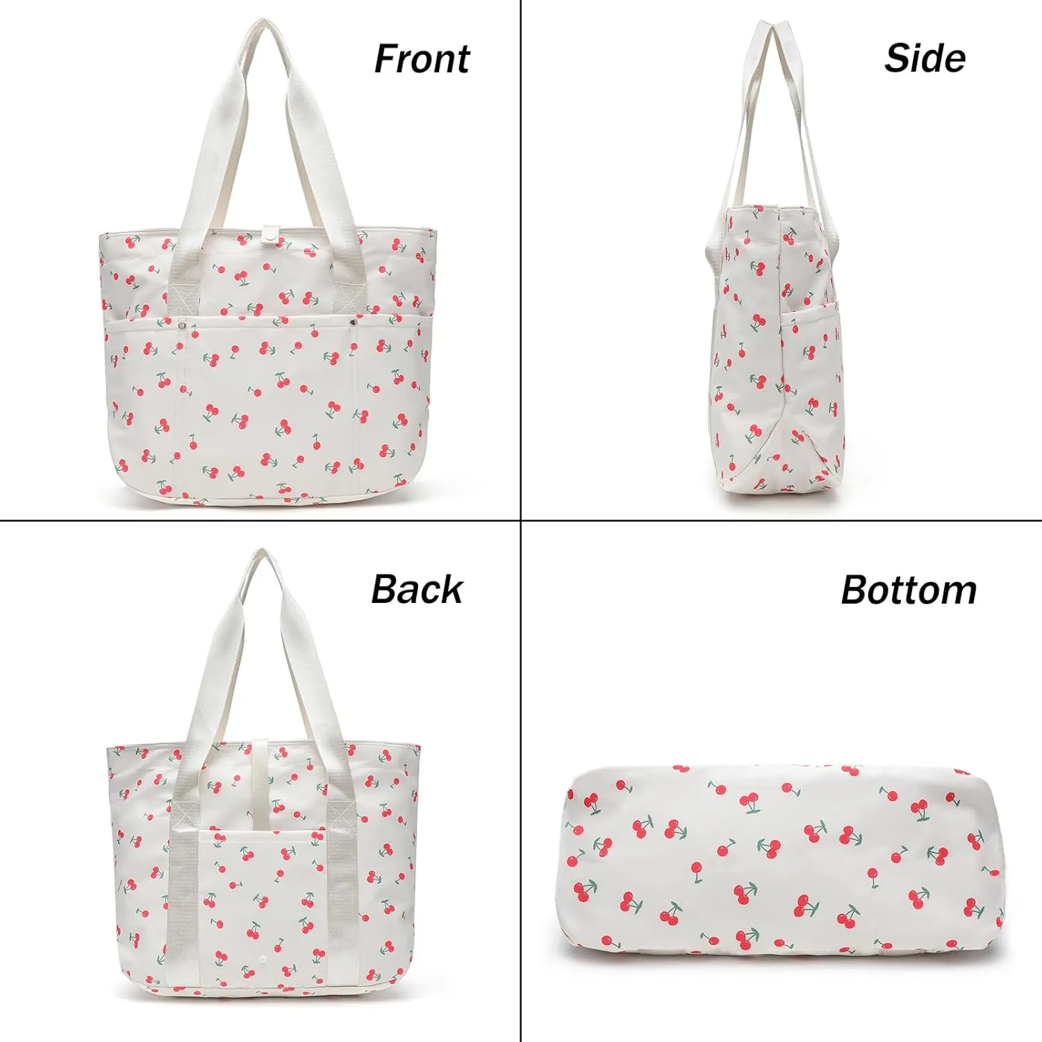 Foldable Floral Tote Bag for Women Nylon Travel Handbag with Zipper Cherry Print Purse Daily Commuter Bag for Work
