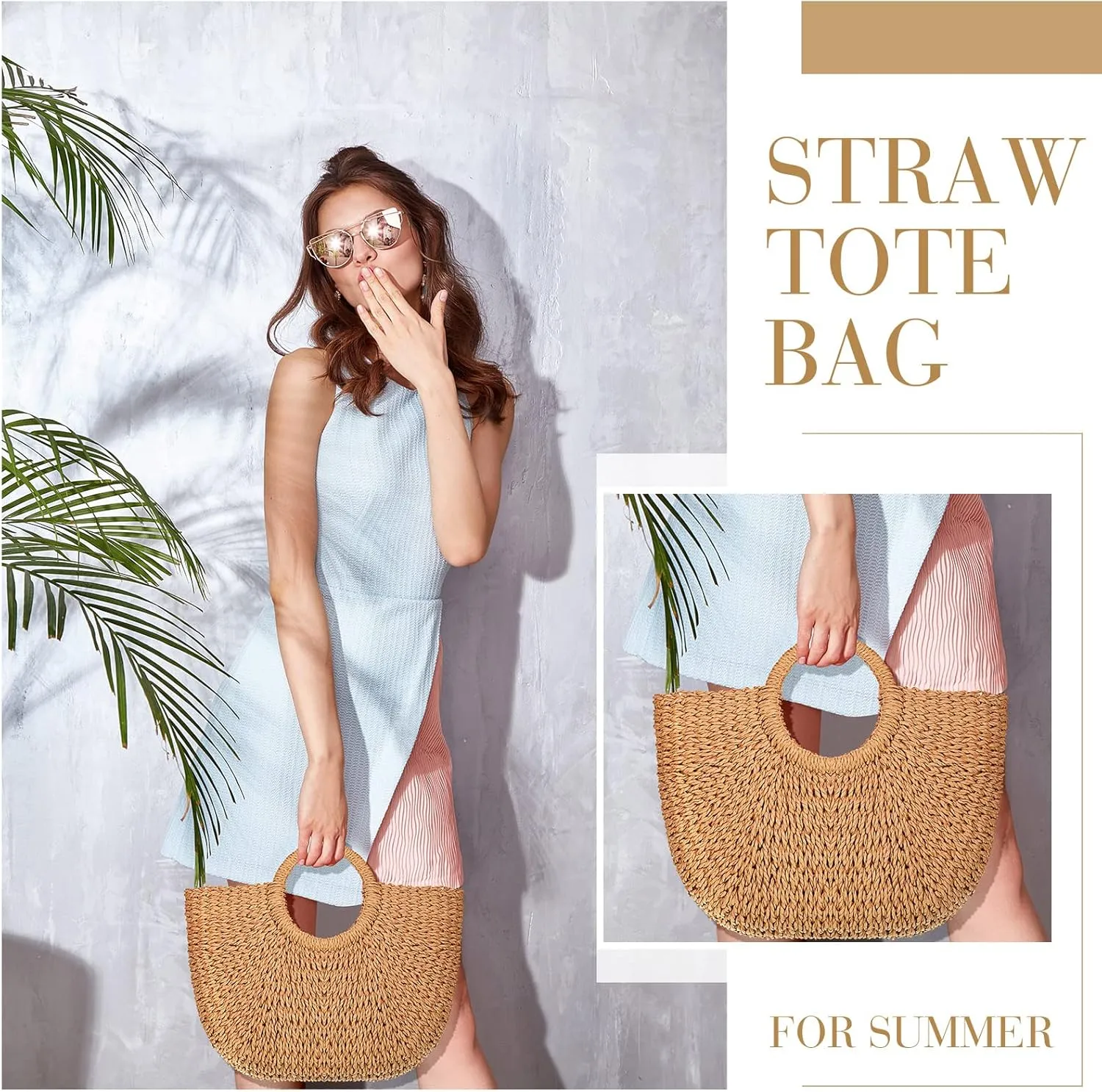 Frienda Straw Tote Bag Summer Beach Bag Handmade Straw Rattan Woven Handbag for Women Travel