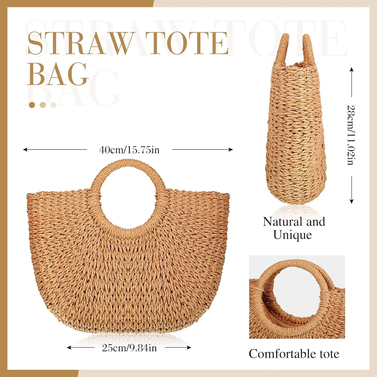 Frienda Straw Tote Bag Summer Beach Bag Handmade Straw Rattan Woven Handbag for Women Travel