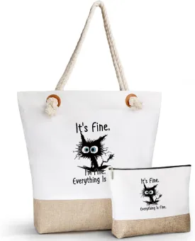 It's Fine I'm Fine Everythings Fine Mama Bag, Personalized Canvas Beach Tote Bag with Makeup Bag, Thank You Gifts For Mom, Boss Lady, Nurse, Teacher, Boss, Coworker, Graduation Gifts For her
