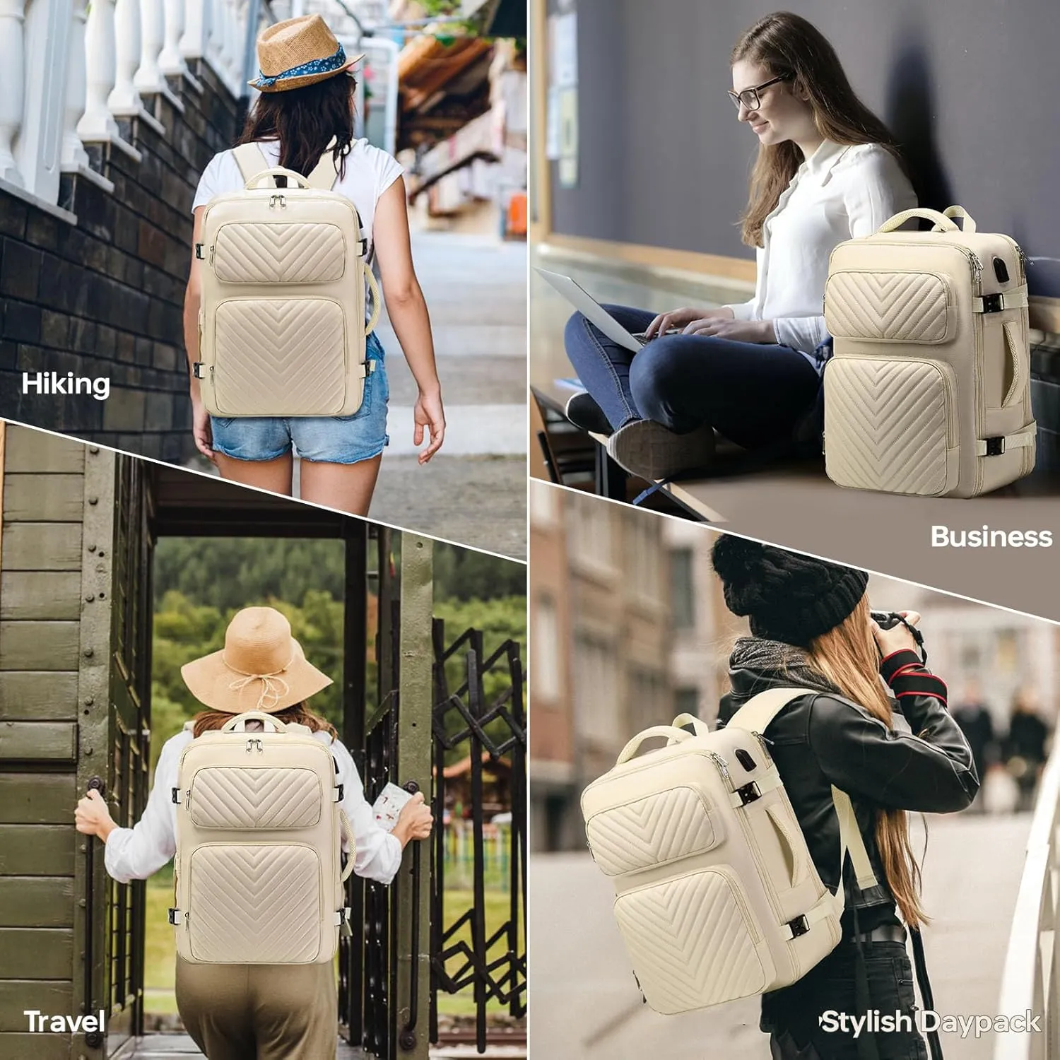 Laptop Backpack for Women Men, Carry On Backpack, Extra Large Travel Backpack Expandable Airplane Approved Weekender Bag, 17.3'' Laptop Backpack for Business Hiking, Beige