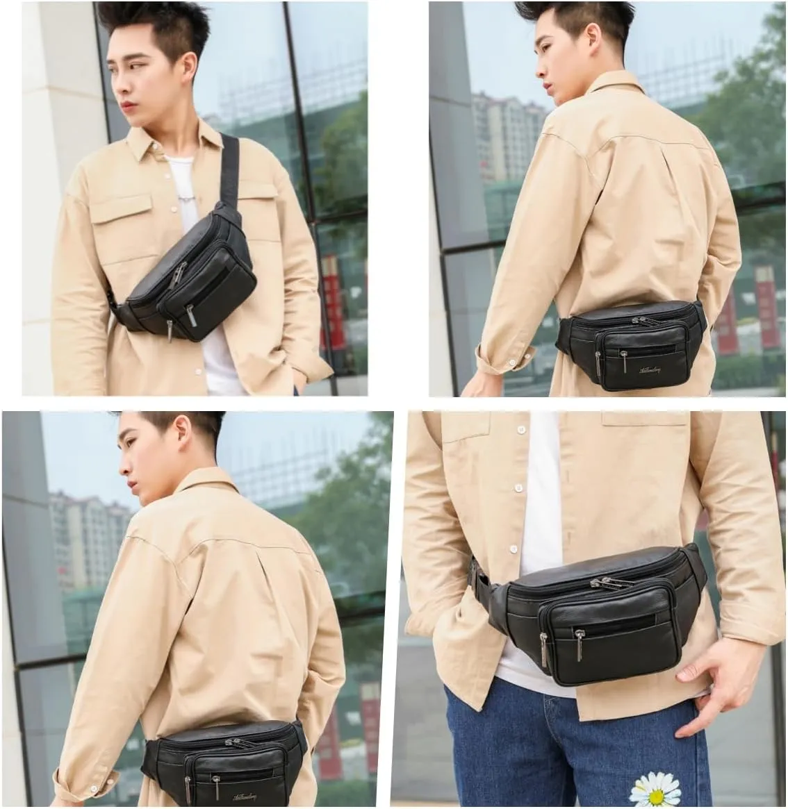 leather Fanny pack, Outdoor travel waist Pack Cowhide Leather Large Size 2 Pockets waist bag.Suitable for outdoor mountaineering, travel, camping, cycling, running, etc.black-E