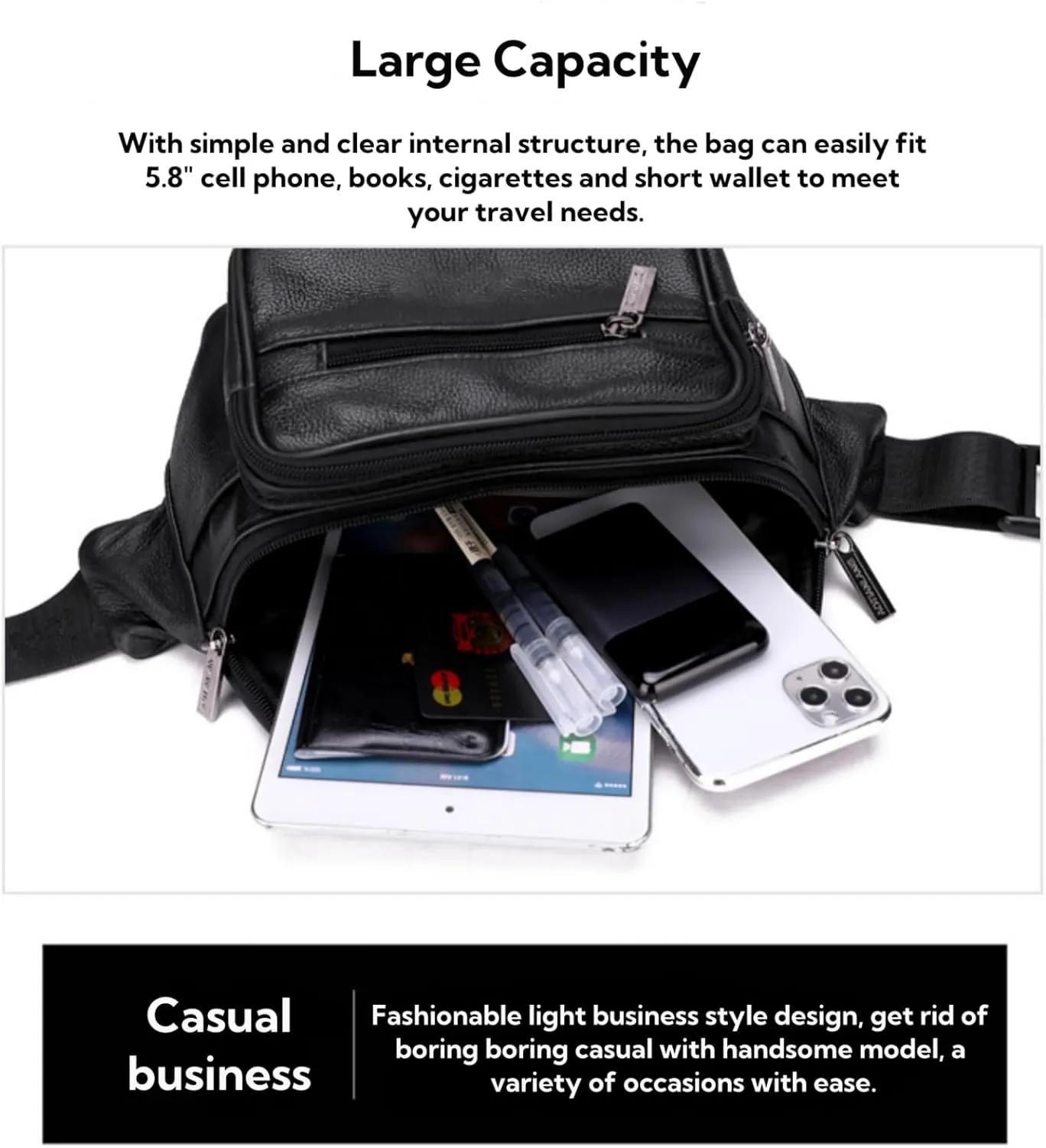 leather Fanny pack, Outdoor travel waist Pack Cowhide Leather Large Size 2 Pockets waist bag.Suitable for outdoor mountaineering, travel, camping, cycling, running, etc.black-E